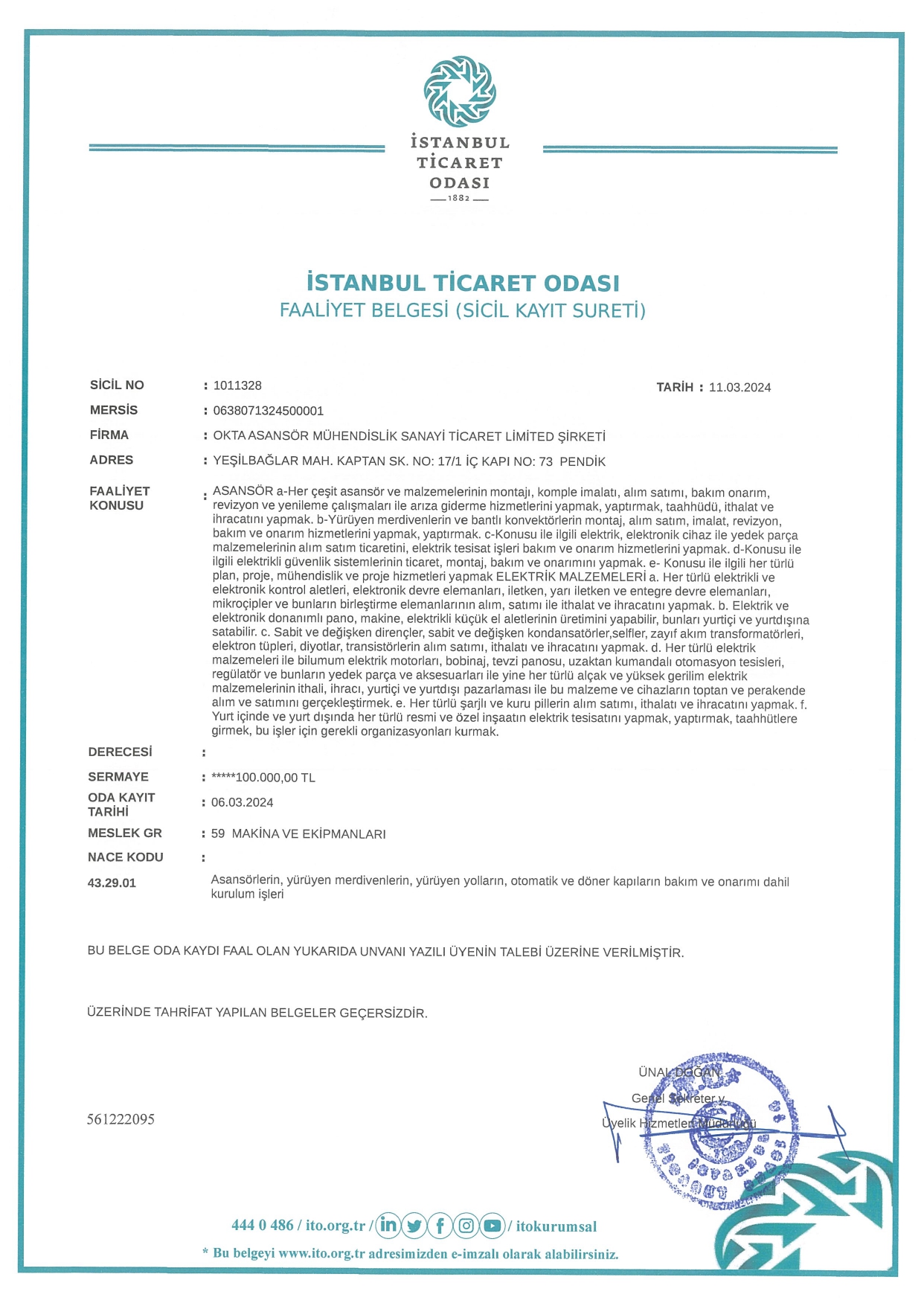 OKTA FAALİYET BELGESİ